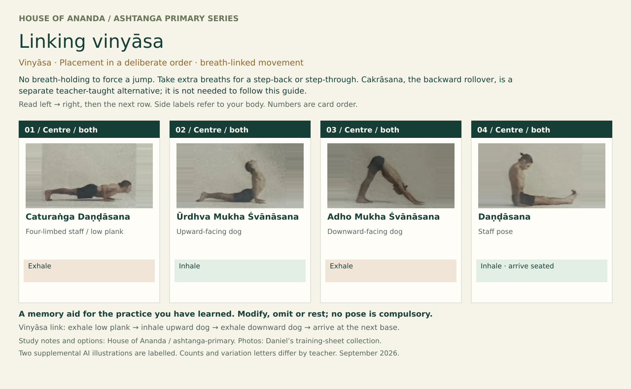 Complete illustrated Linking vinyāsa sequence with Sanskrit and English pose names